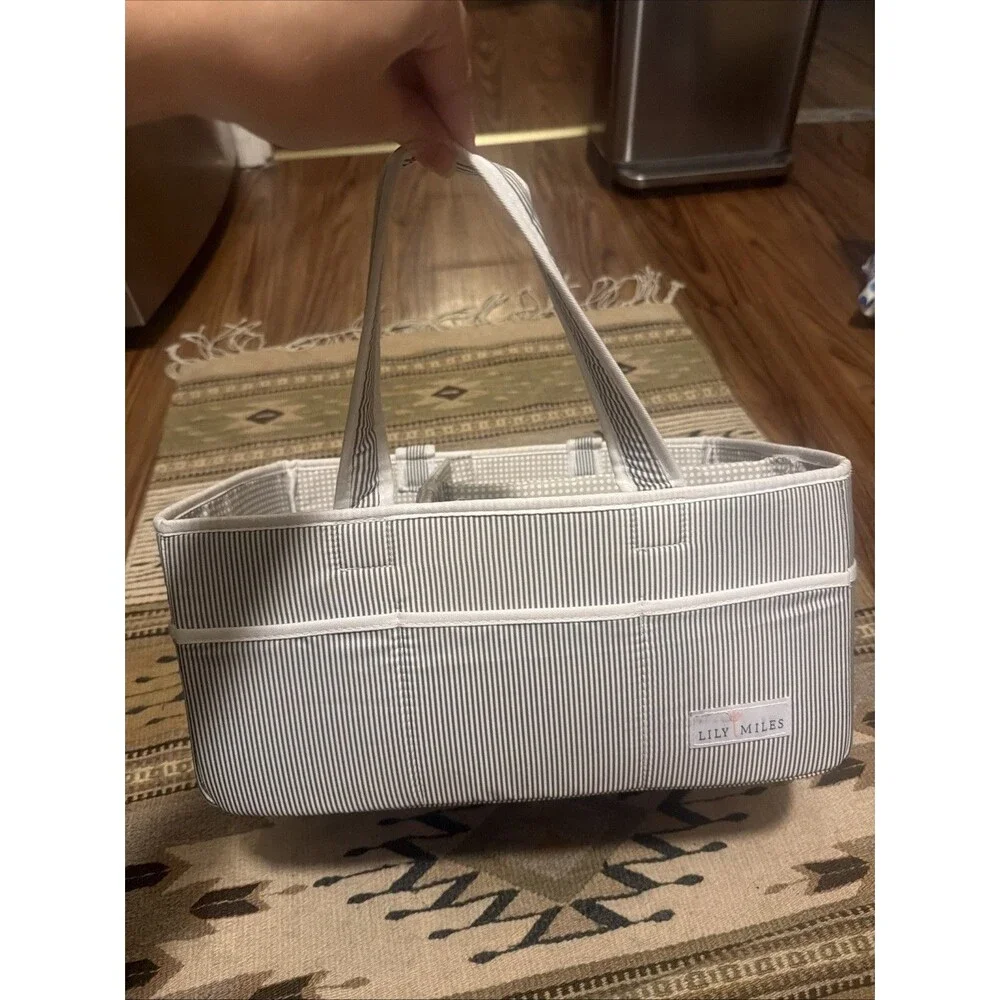 Lily Miles Diaper Caddy Baby Changing Organizer Basket - Gray / Blue Stripe